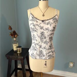 GAP White Cami with Gray Floral Print & Lace Trim